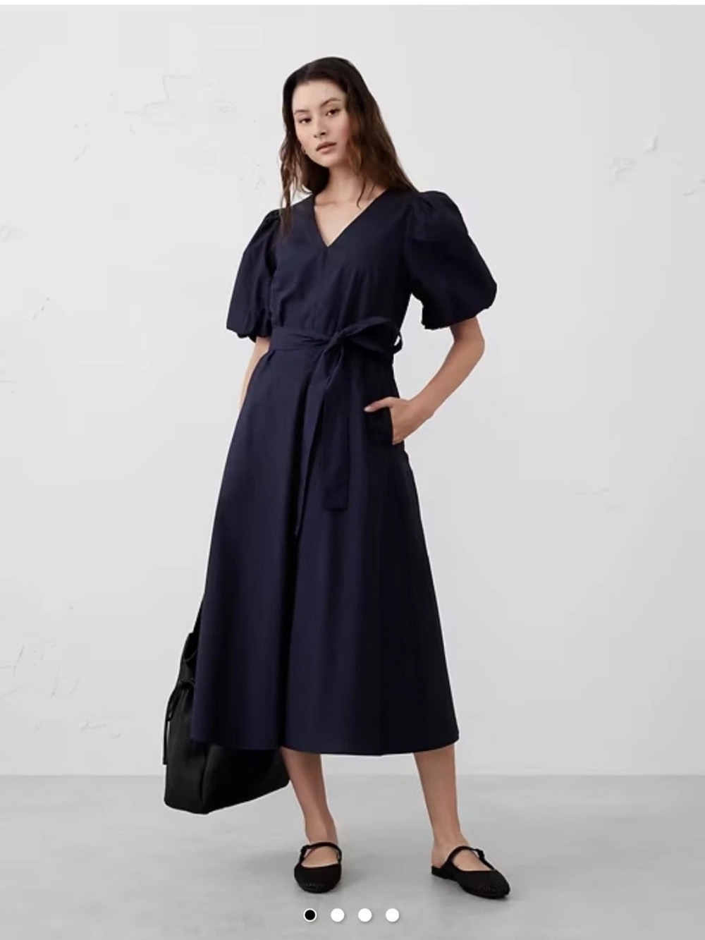 Banana Republic Navy Puff-Sleeve Tie Waist Midi Dress - M